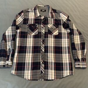 Eighty Eight Shirt Mens XL Gray Navy Red Plaid Button Front Long Sleeve Western